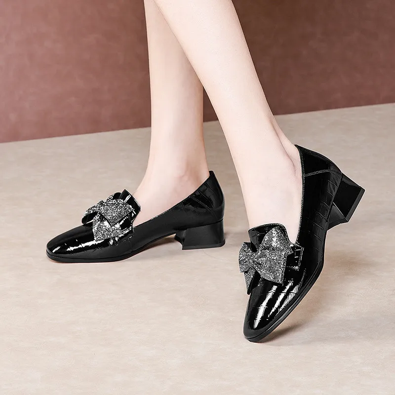 

FEDONAS Butterfly Knot Women Cow Patent Leather Pumps Night Club Sexy Square Heels Pumps Shoes New Spring Cross Tied Shoes Woman