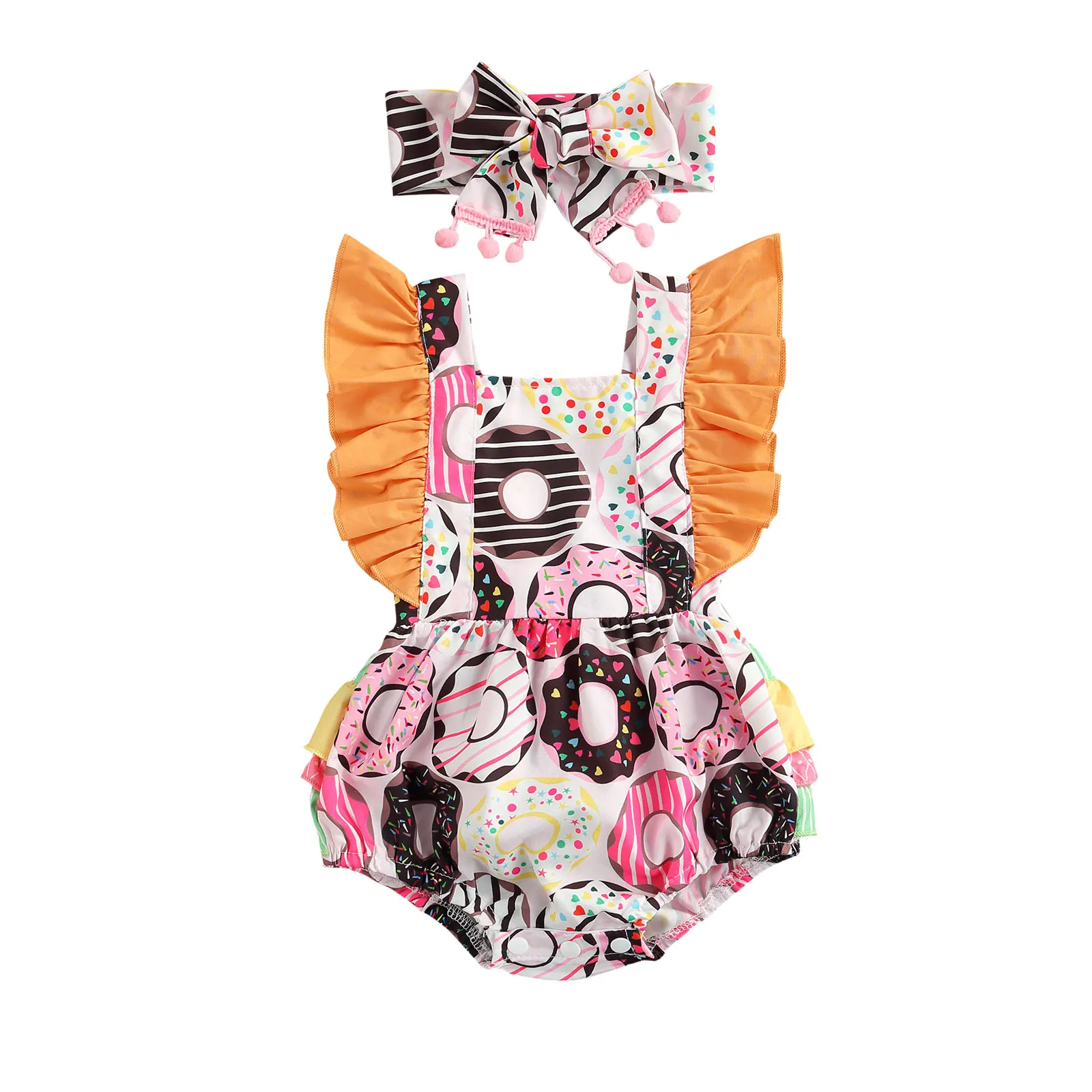 

2 Pcs Baby Girl Clothes Doughnut Print Outfits Tie-Up Ruffled Square Collar Fly Sleeve Romper + Bowknot Headband with Pompoms