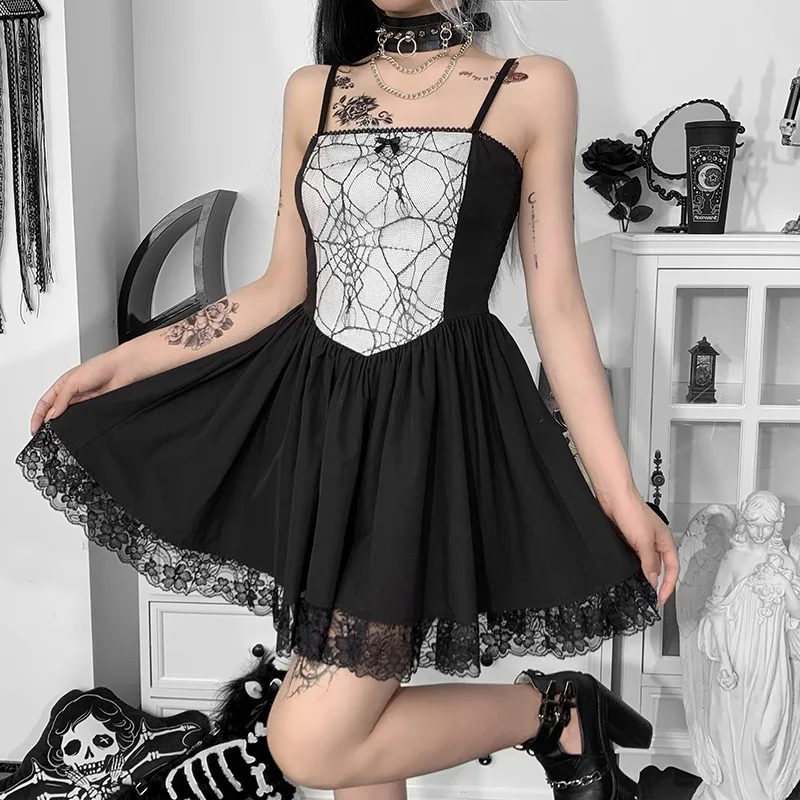 

Kawaii Lolita Fairy Grunge Mini Black Dress Gothic Spider Mesh Croset Hight Waist A Line Lace Tirm Dress E-girl Streetwear