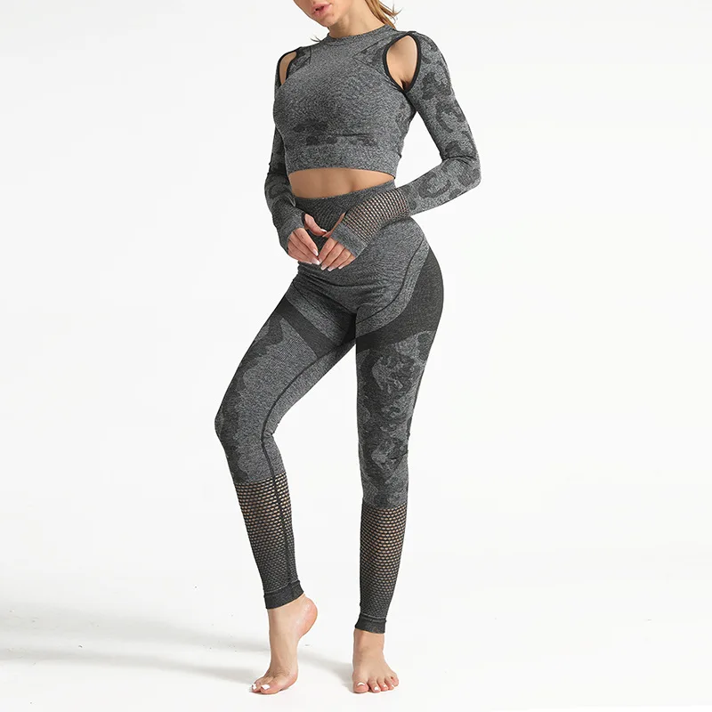 Спортивный фитнес бесшовный комплект для йоги камуфляжный женский костюм