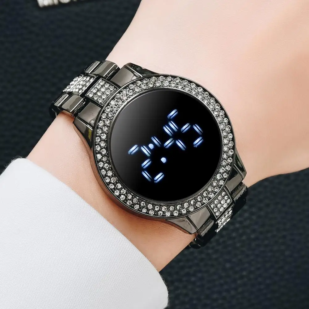 Luxury Rhinestone Dial Digital Watches For Women Black Stainless Steel Dress Quartz Clock Ladies Wristwatch Relogio Feminino