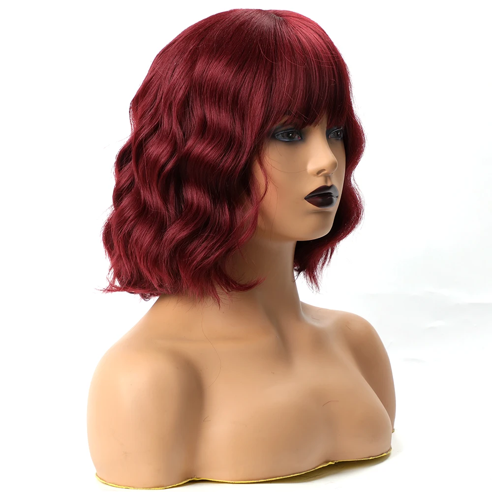 

Short Brown Wig Synthetic Wigs with Bangs for Women Purple Water Wave Natural Bob Wigs Heat Resistant False Hair