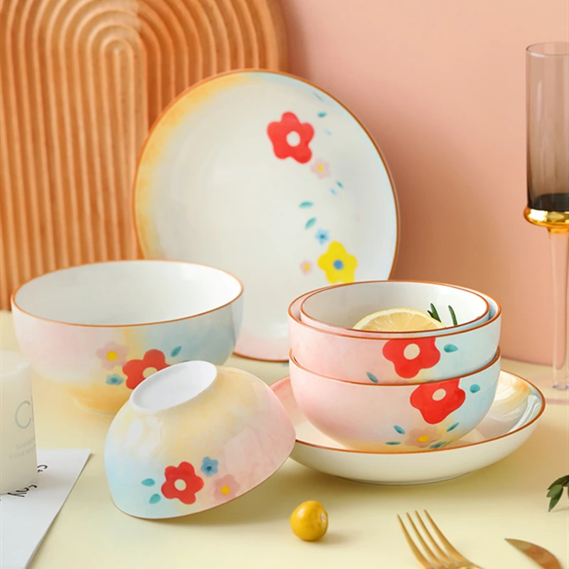 

Dishes Porcelain Household Kitchen Ceramic Tableware Lovely Small Flower Pattern Fruit Dessert Bowl Creative Dishes Plates Set