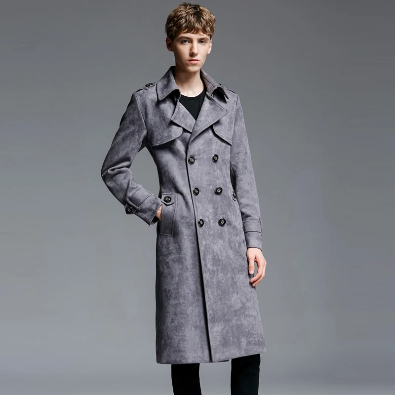 

Мужская длинная замшевая куртка, Классическая двубортная ветровка с регулируемой талией, размеры до 6xl
