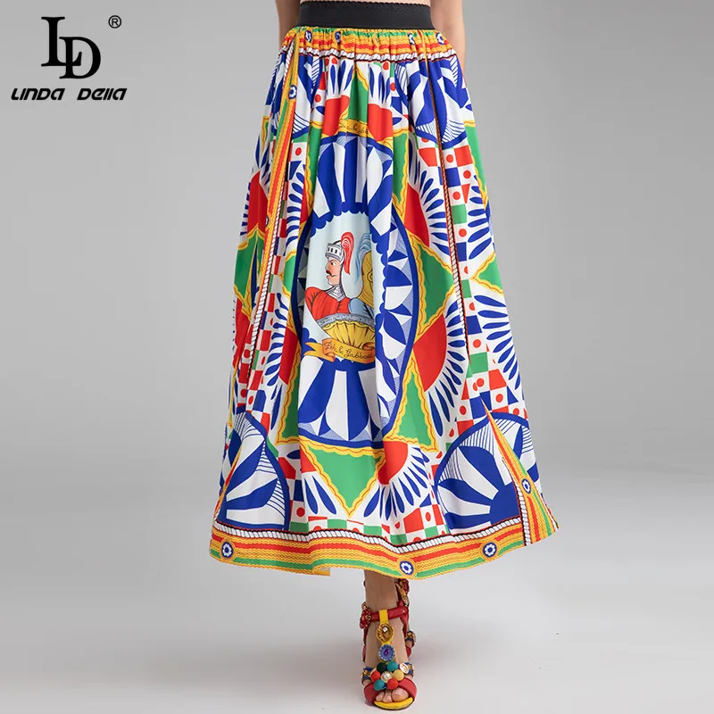 

LD LINDA DELLA Fashion Designer Autumn Vacation Skirts Women Multicolor Vintage Warrior Totem Print Long skirt