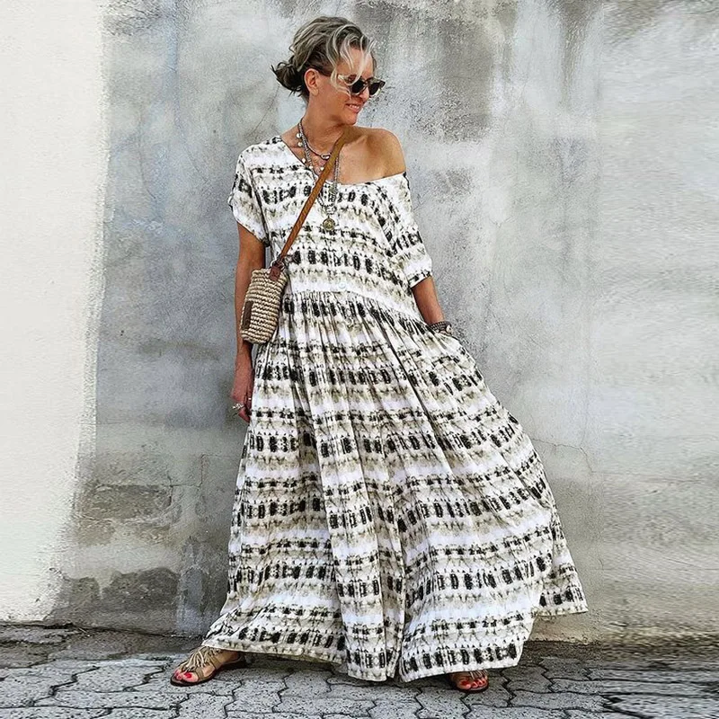 

Sexy Off Shoulder Women Beach Long Dress Summer Vintage Print Elegant Lady Party Maxi Dresses Casual Short Sleeve Loose Vestidos