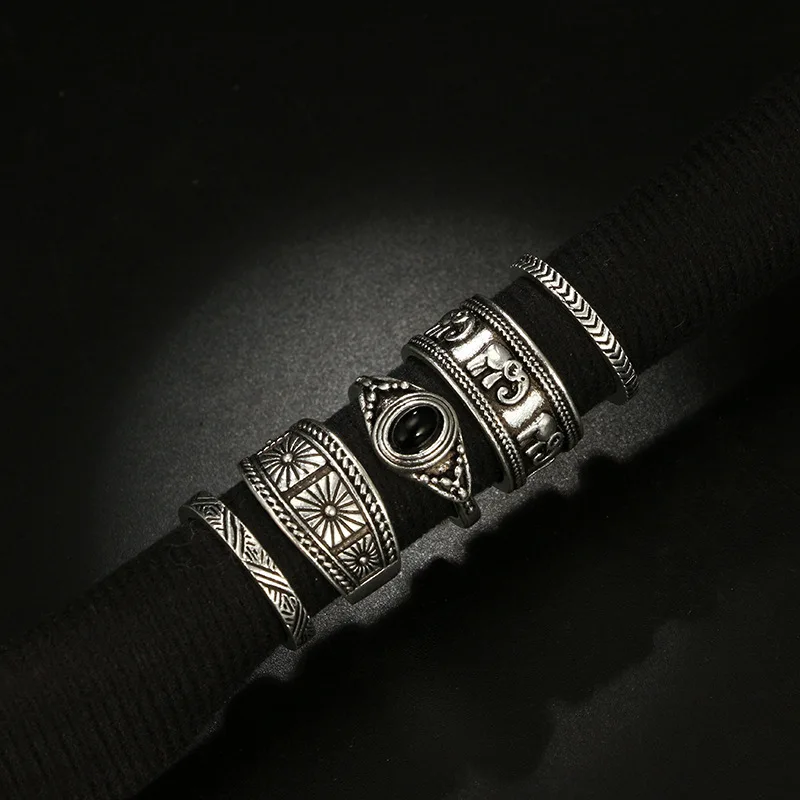 

5 Pcs Vintage Boho Totem Black Stone Rings