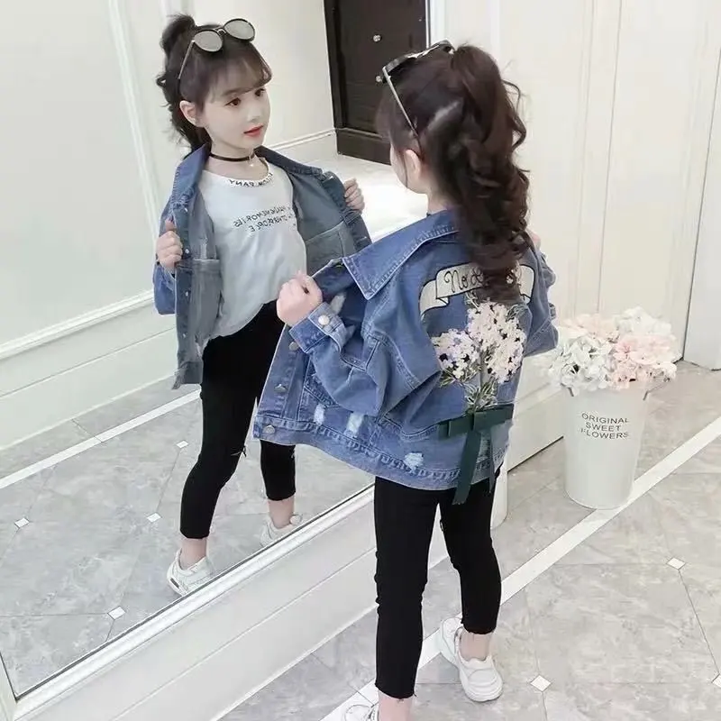 

Kids Denim Jackets Spring Autumnbaby jacket Girl Trench Jean Flower EmbroideryCoatChildren OuterwearClothingWindbreaker