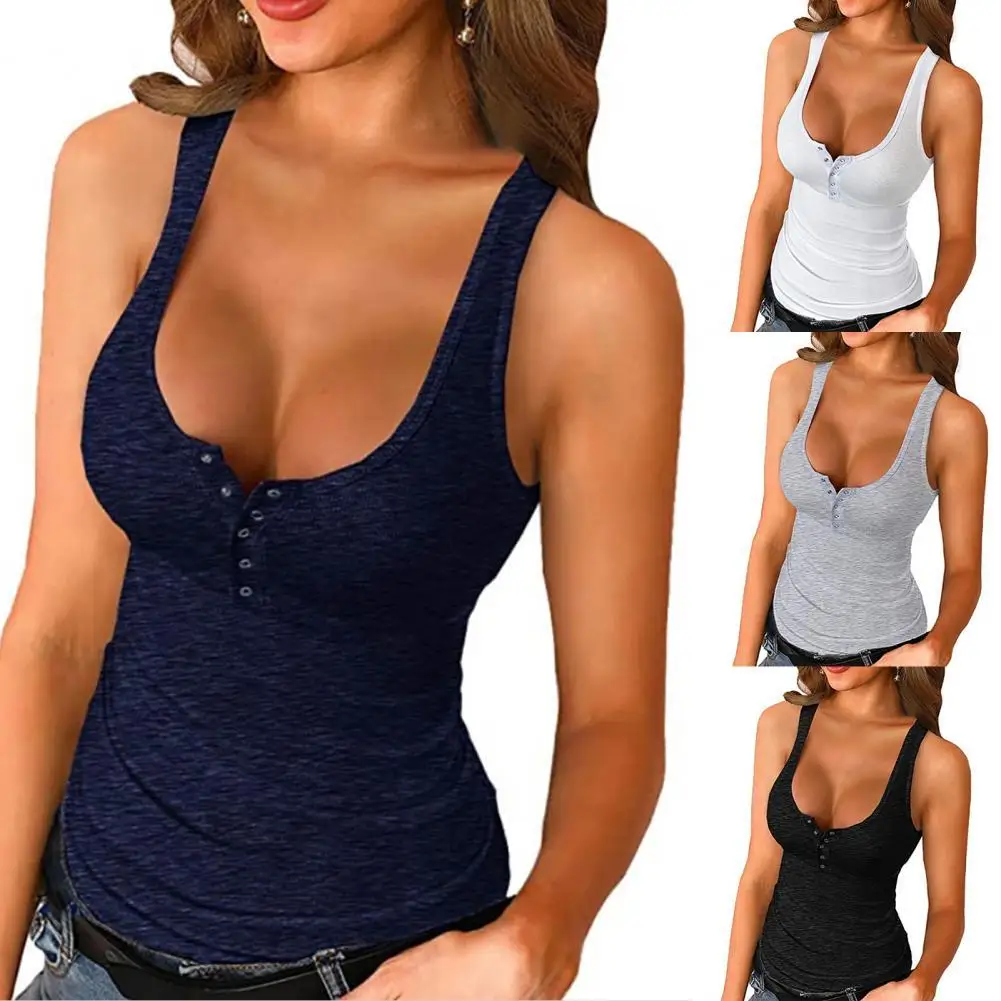 

Hot Sales Sexy Women Vest Solid Color Sleeveless Buttons Low Cut Knitted Slim Tanked Top T-shirt for Sports