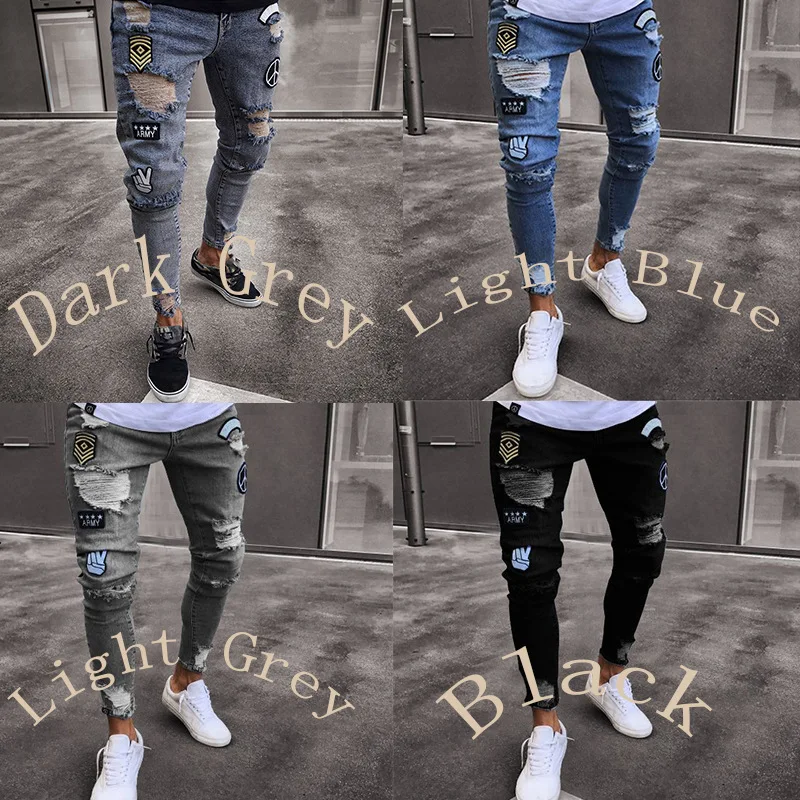 

Fashion Trend Mens Skinny Jeans Rip Slim fit Stretch Denim Distress Frayed Biker Scratchted Hollow out Long Jeans