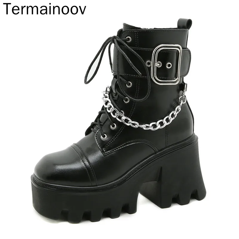 

Termainoov Women Boots High Heels Chunky Platform Shoes Short Boots Zipper Metal Chain Martin Boots Thick Heels