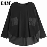 eam women black pocket irregular casual big size t shirt new round neck long sleeve fashion tide spring autumn 2022 1de2252