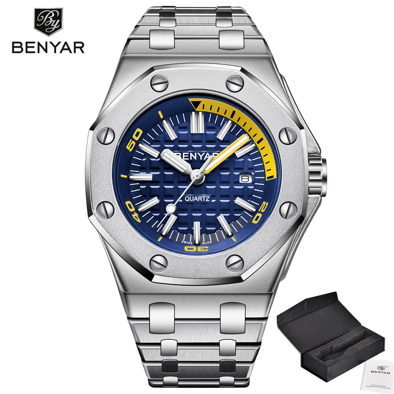 Benyar мужские часы Топ люксовый бренд военные Reloj Hombre Стальные кварцевые часы водонепроницаемые спортивные наручные часы повседневные Montre Homme