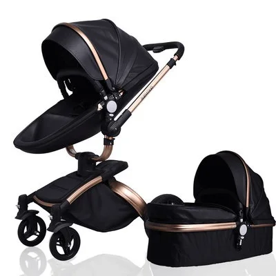 Aulon babyfond искусственная кожа 360 градусов вращения детская коляска, kinderwgen, 3 в 1 система путешествия сиденье с люлькой детская коляска - Цвет: 2 in 1 black-golden