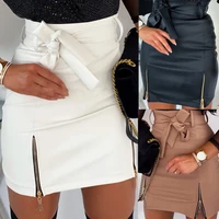 women skirt sexy solid color faux leather zippers high waist belt bodycon mini skirt black s 2xl womens clothing 2021