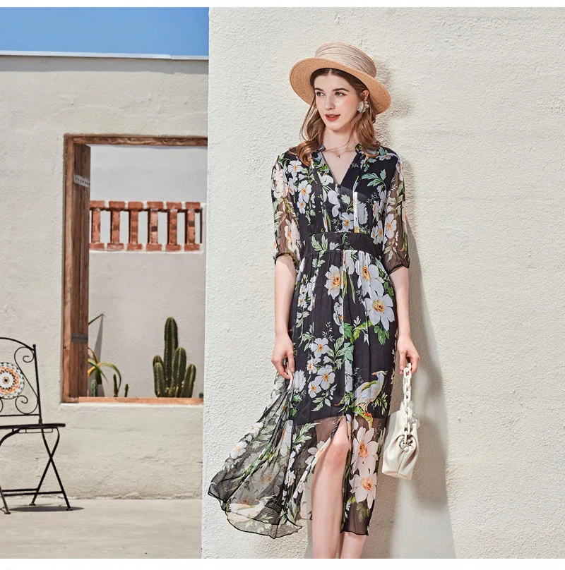 

Women New Printed Dress 100% Silk Crepe V Neck Mulberry Silk Dresses 2021 Spring Summer Dress