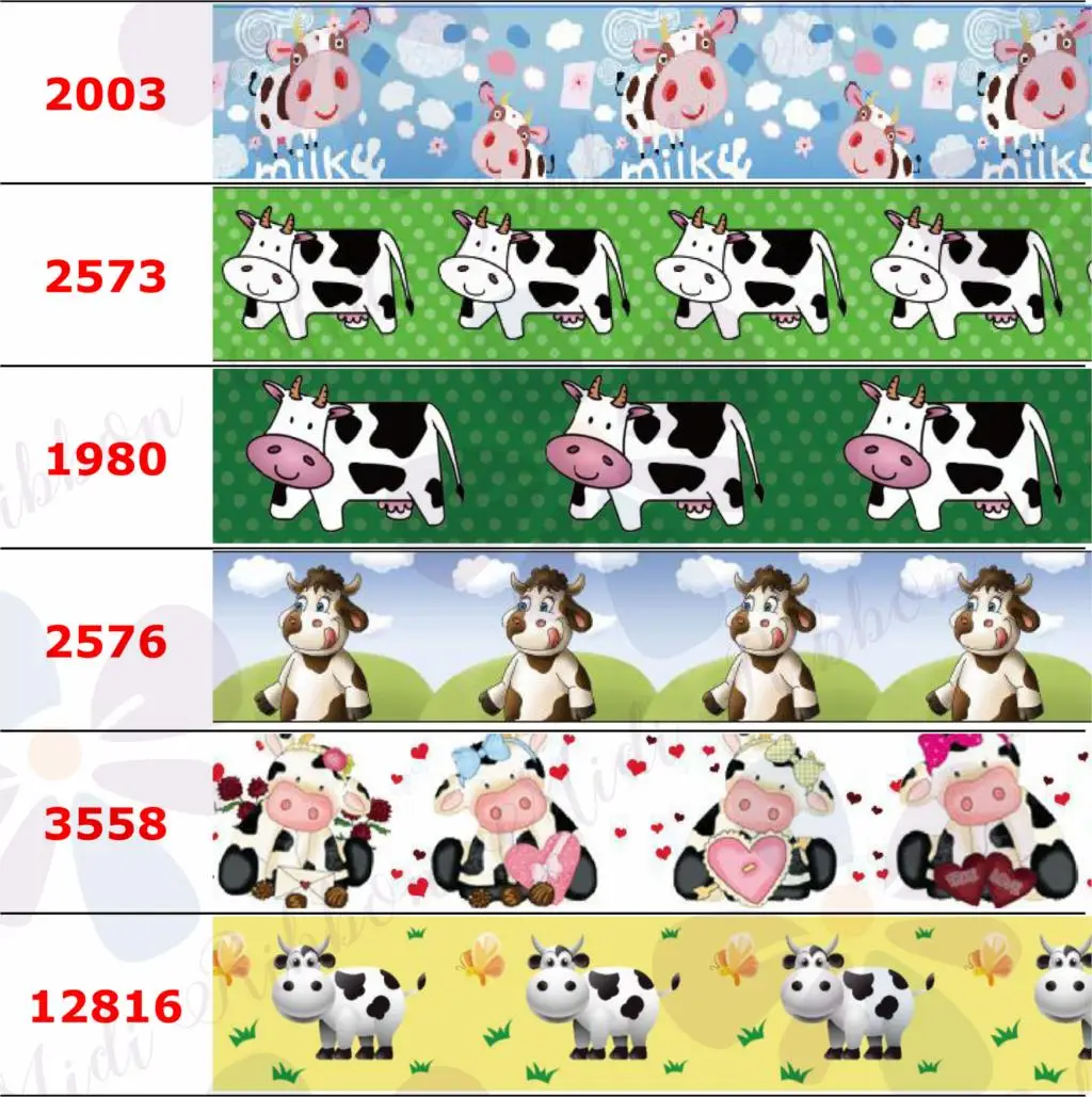 

16mm-75mm Cartoon Cow Animal Printed Grosgrain/Elastic Ribbon Milk Heart Cloud DIY Hair Bowknots 50yards/roll