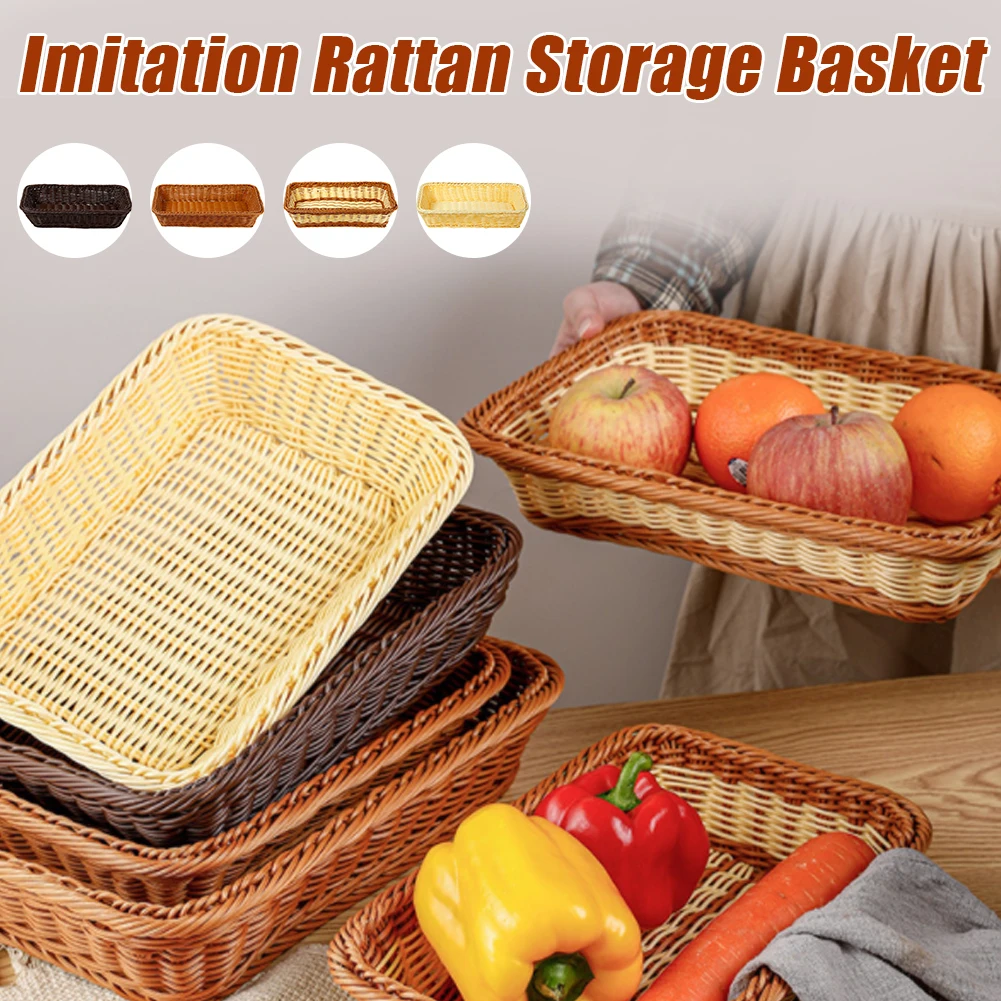 

Storage Basket Rectangular Plastic Rattan Tabletop Serving Tray Basket Organizer Box for Fruit Snack Picnic Kitchen Supplies