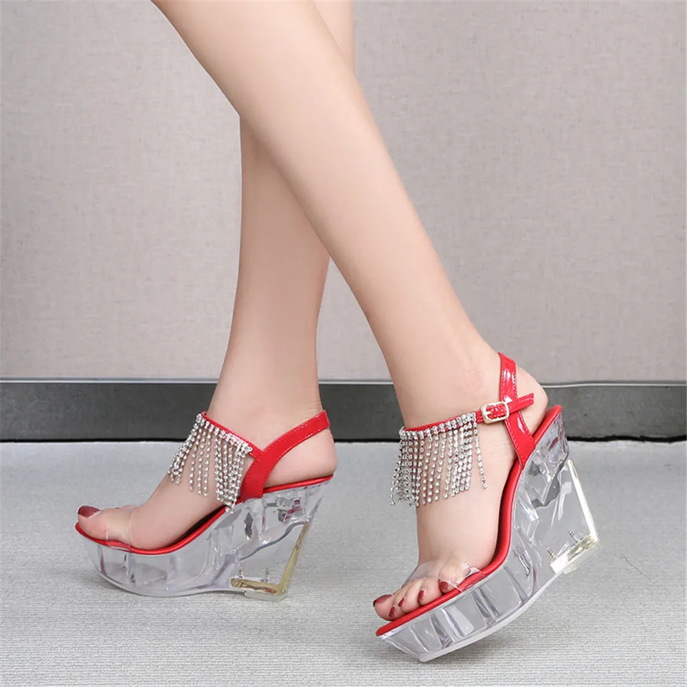 

2022 Sexy Slope High Heel 10CM Nightclub Sandals Fashion Women Catwalk Pole Dancing Party Crystal Bottom Buckle Strap Shoe 34-43