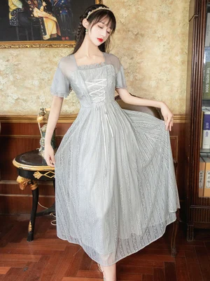 Летние французские винтажные элегантные длинные платья на шнуровке сказочное