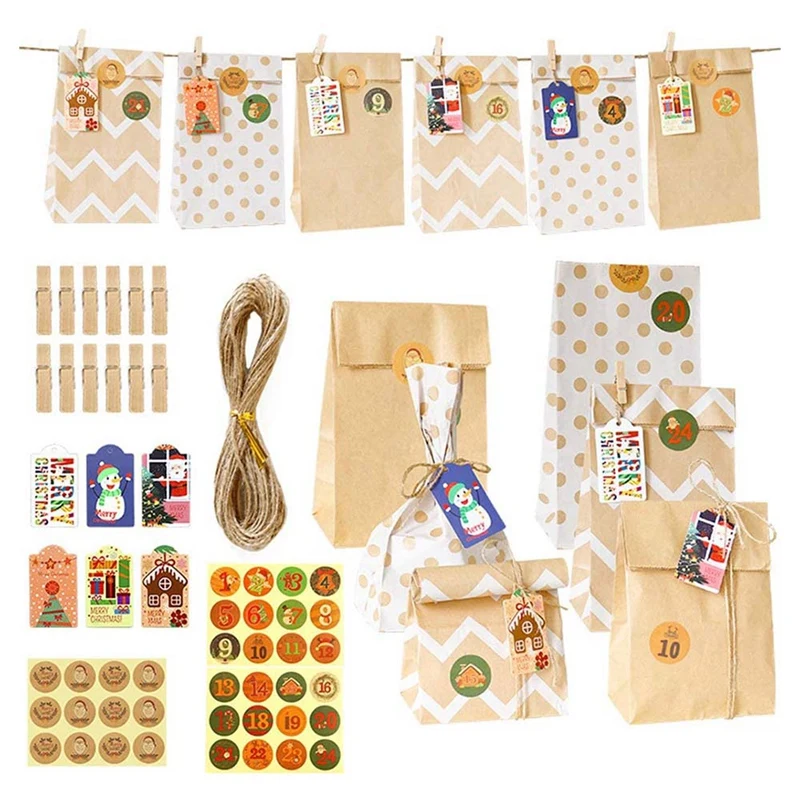 

24 набора рождественских сумок с календарем для прибытия 1-24 календарь из крафтовой бумаги бумажный пакет для конфет сумки для рождевечерние...