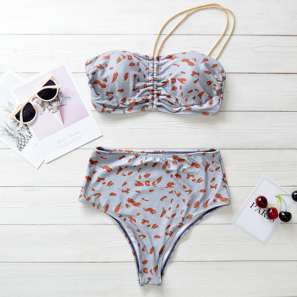 

2021 Women's Swimsuit Double Strap Lace Hollow Top Split Two-piece Sexy Bikini Summer Beachwear Mid-Waist Knitted Swimsuit