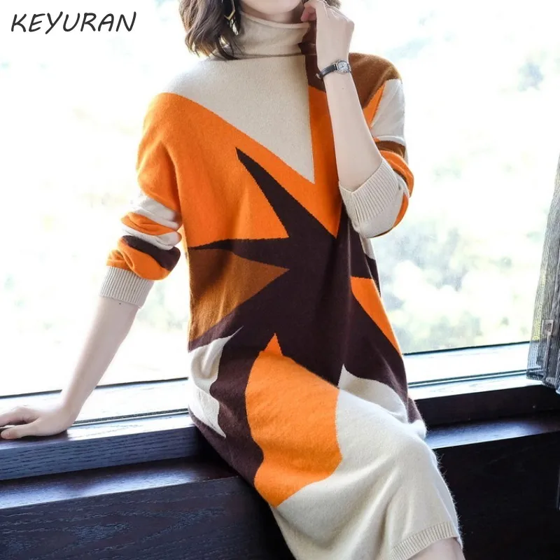 Винтажное Женское зимнее платье-свитер с высоким воротом женское элегантное