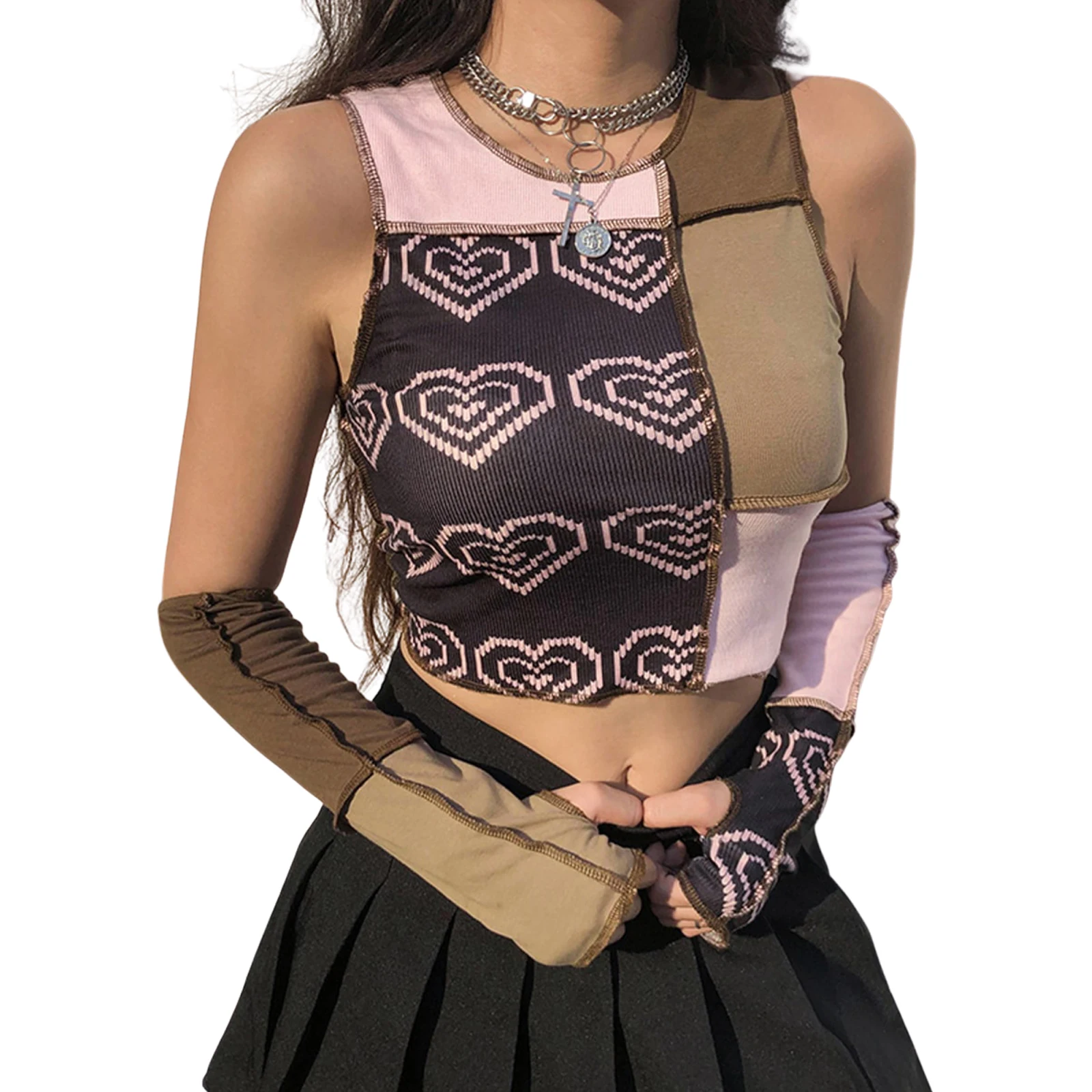 

Women Sleeveless Knit T-Shirts, Color Block Patchwork Crop Tank Tops with Short Arm Sleeves