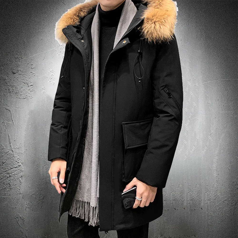 

Зимняя мужская куртка с меховым воротником, парки, утепленная уличная куртка с хлопковой подкладкой, мужское теплое пальто с большими карма...
