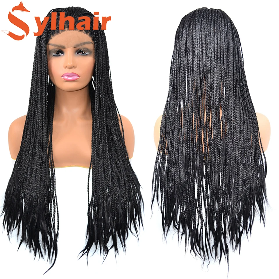 Sylhair Black Color Hair Braided Box Braids Wigs High Temperature Fiber Hair Synthetic Lace Front Wig For Women Lace Wigs