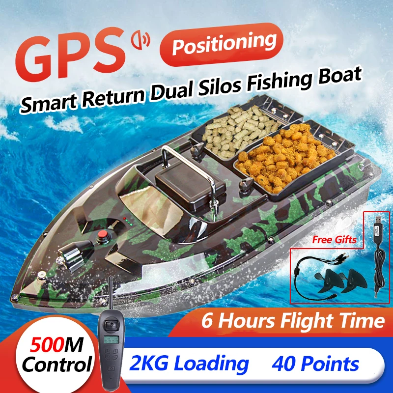 

GPS Smart Return 500M Control RC Fishing Bait Boat 40 Point Saving Dual Hopper 2KG Load LCD Screen 6H Endure Auto Nesting RC Toy