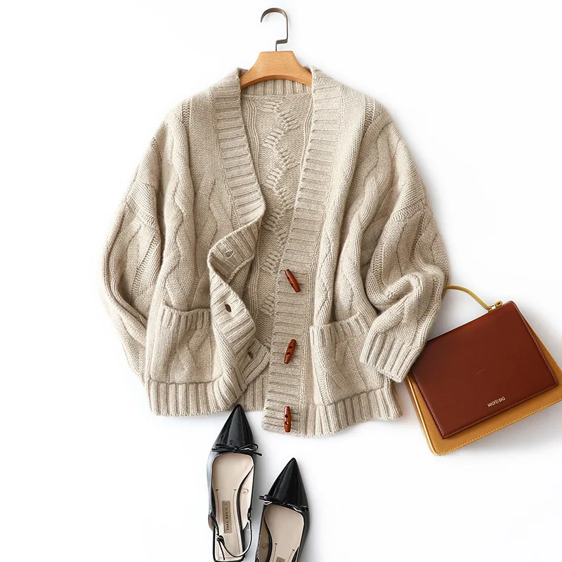 

Женский однобортный Кардиган из 100% кашемира с v-образным вырезом, офисные однотонные плотные теплые свитера для женщин на зиму