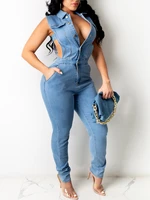 women denim jumpsuit hollow out sleeveless turn down collar single breasted stretchy jumpsuits fashion outfit summer fashion