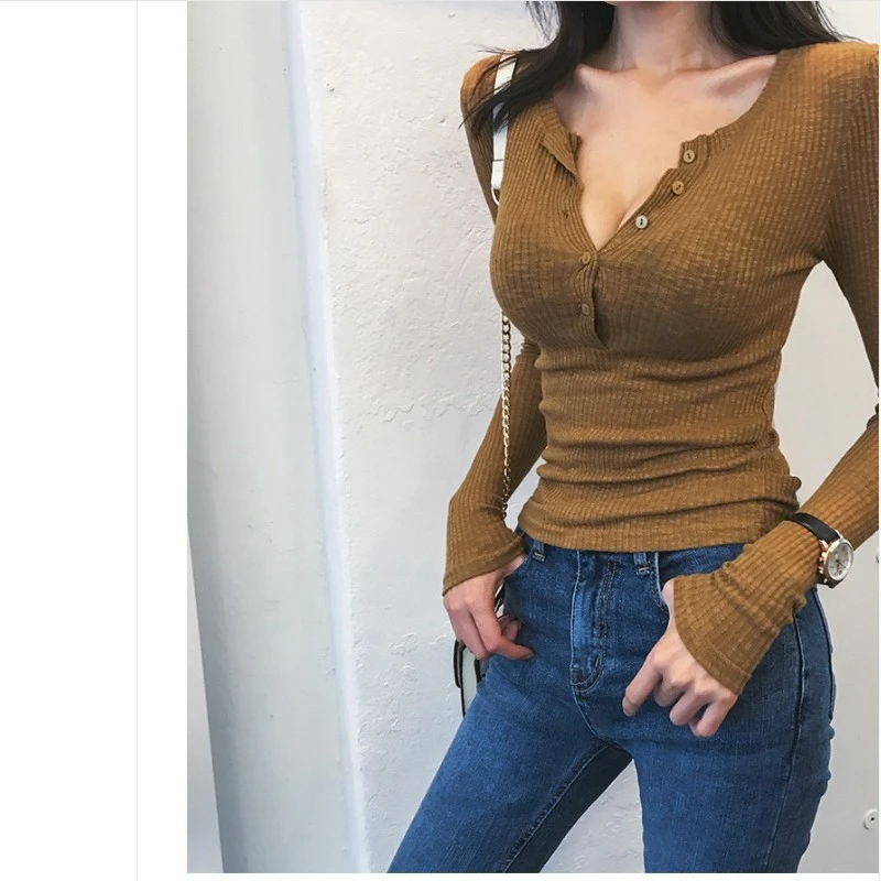 Новая весенняя Сексуальная футболка Женская эластичная в Корейском стиле