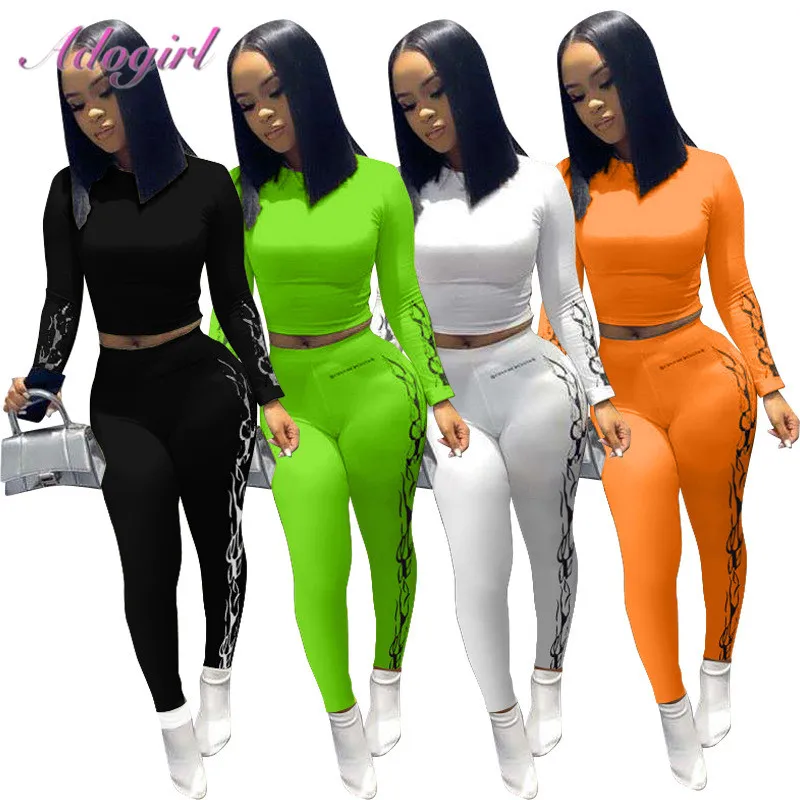 

Fitness Autumn Two Pieces Set Casual Neon Long Sleeve Crop Tops Tee Pencil Leggings Bikers Pants Suit Outfit Sportwear Tracksuit