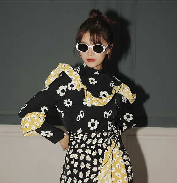 blouse CHEERART Асимметричная Цветочная юбка для женщин с высокой талией на шнуровке с рюшами длинная юбка желтая черная Дизайнерская Женская юбка осенняя одежда - Цвет: blouse