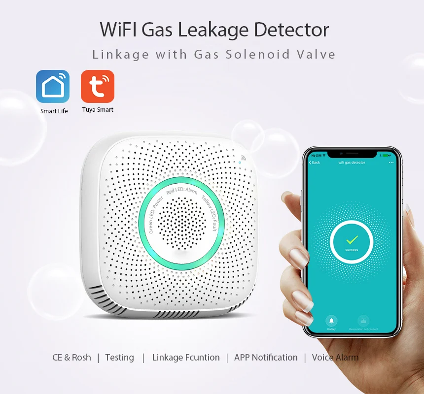 Датчик утечки газа с Wi Fi детектор работает приложением Tuya Smart Life и Alexa/Google