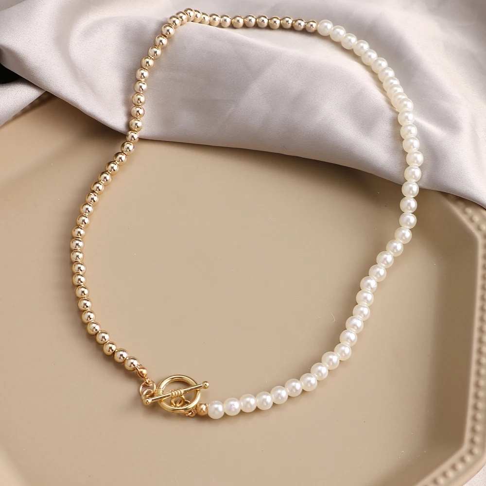 

Vintage Pearl Chain OT Buckle Choker Necklace for Women Gold Silver Color Imitation Pearl Clavicle Chian Collar Necklace Jewelry