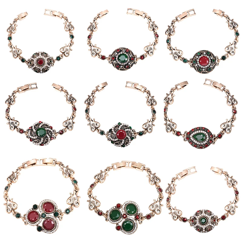 Женский винтажный браслет с кристаллами красного и зеленого цвета|Браслеты