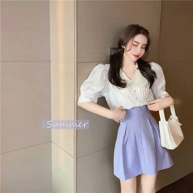

French Style Gentle Peter Pan Collar Blouse Women's Puff Sleeve Beige Coat High-Waist Purple Skirt Summer Two-Piece Suit