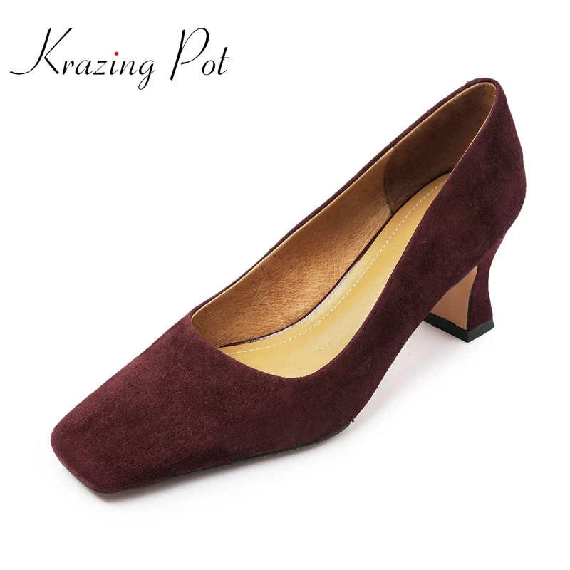 

Krazing Pot 2021 sheep suede square toe high heels retro fashion beauty lady dance party shallow slip on elegant women pumps L23