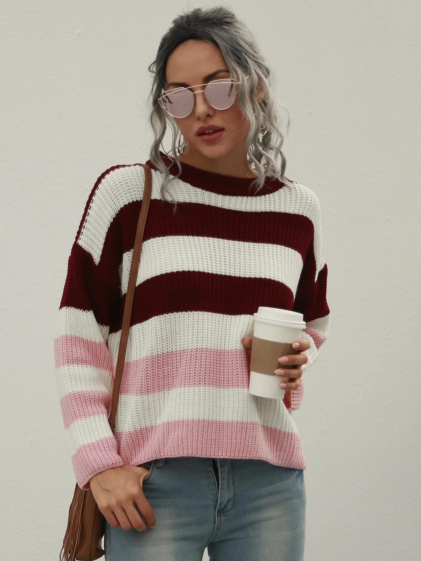 

Women Knitted Jumpers Long Sleeve O-neck Pullovers Sweater Color Block Splicing Stripe Loose Casual Sweater Autumn Streetwear