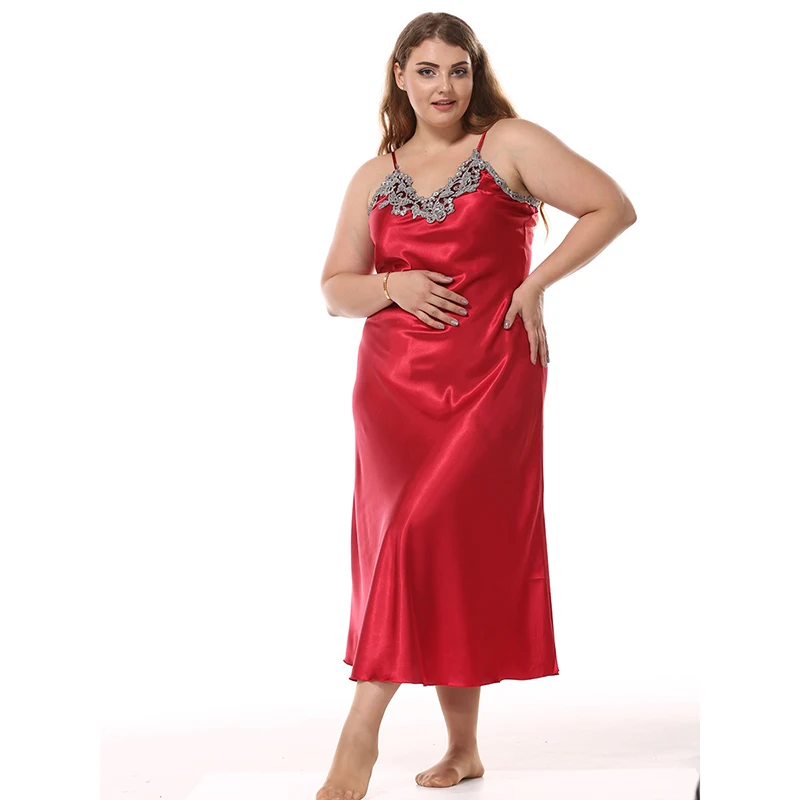Factory Outlet Satin Silk Nightdress Women's Big Size Imitation Silk Nightgowns Lace Sexy V-Neck Sling Long Sleeping Dress 95051