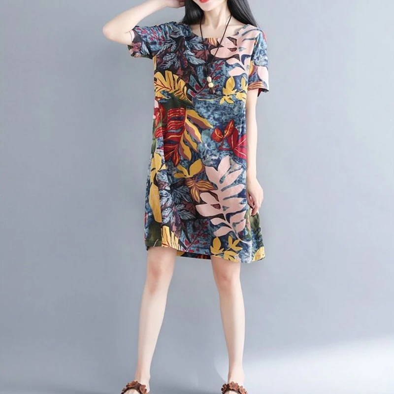 

Summer women's large elegant short sleeve fashion women's Beach skirt o-neck retro printed casual dress SS1114