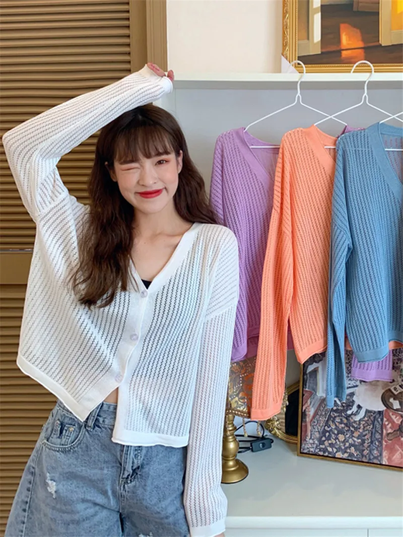 

Loose hollow knit sweater women's summer 2020 new white sunscreen shirt thin cardigan take short jacket outside