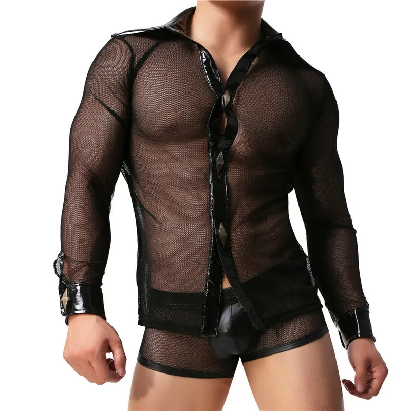 Мужской комплект одежды сексуальная прозрачная рубашка с длинным рукавом