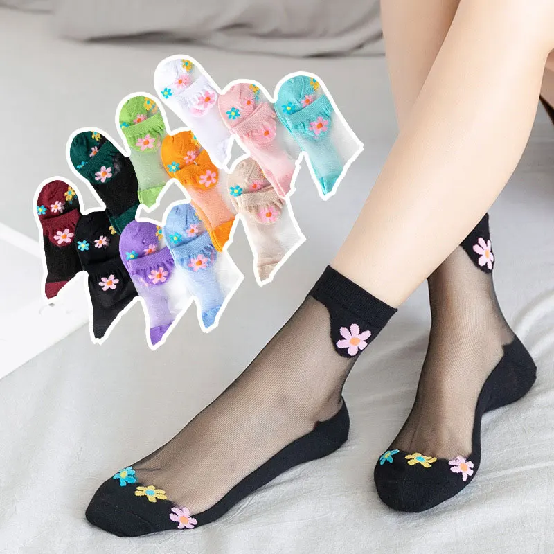 

Cotton Botom Comfort Mesh Silk Socks Fruit Fishnet Flower Socks Transparent Hosiery Abkle Socks