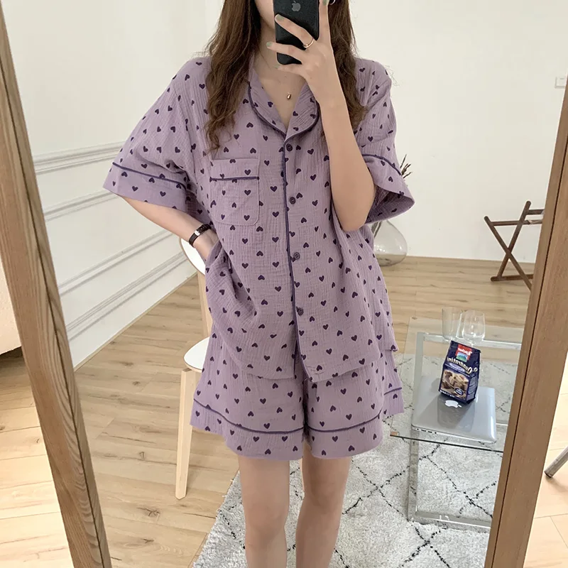 

Heart Print Summer Pajamas Set Women Kawaii Two Piece Home Suit Cotton Casual Sleepwear Shirts + Shorts Set Homewear
