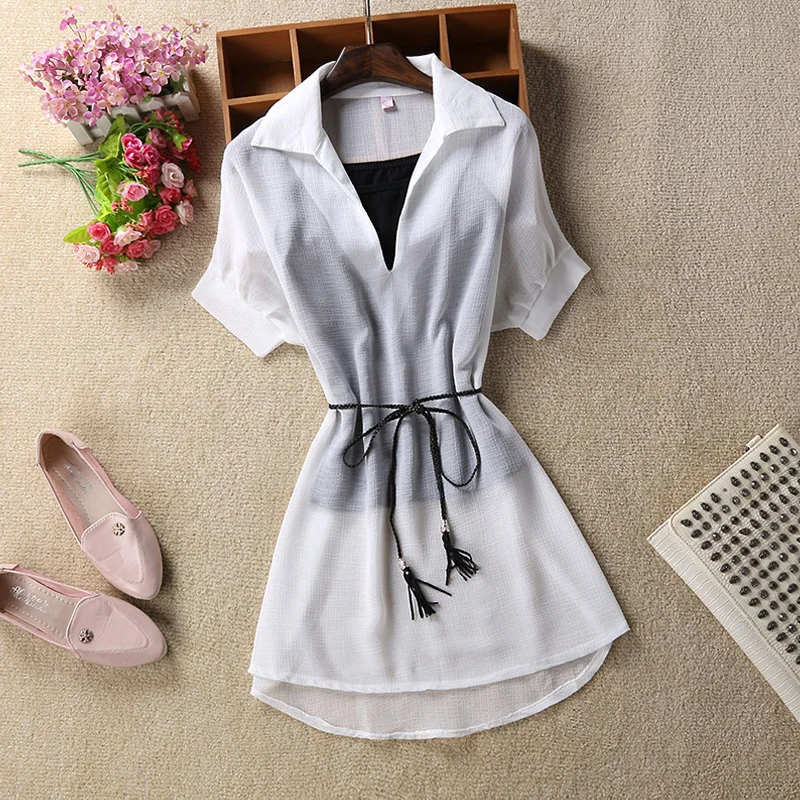 Женская винтажная туника летняя длинная шифоновая блузка с коротким рукавом