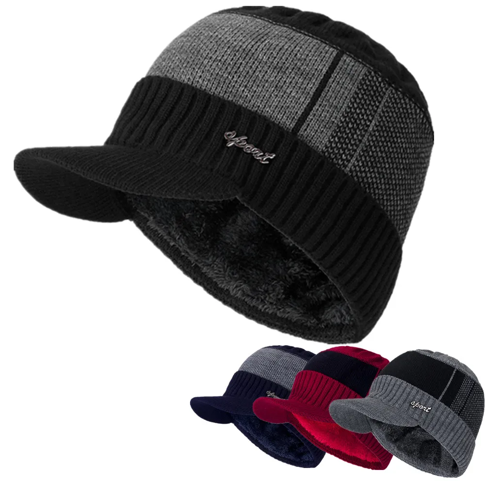 

New Unisex Warm Winter Hat with Brim Add Fur Lined Beanie Hat Sports Label Thicken Winter Hats for Men Women Knitted Hat
